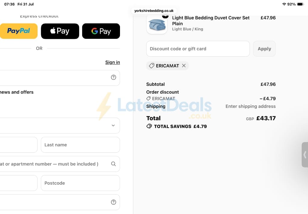 Screenshot of the Yorkshire Bedding discount code working
