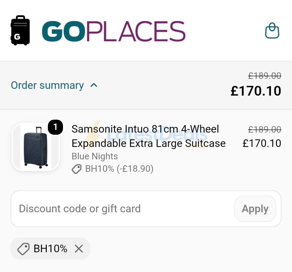 Screenshot of the Go Places discount code working
