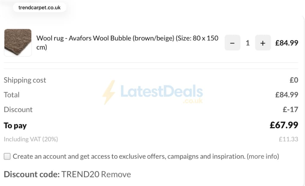 Screenshot of the Trendcarpet discount code working