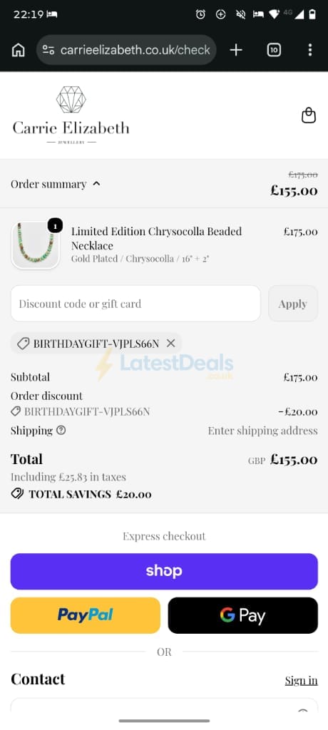 Screenshot of the Carrie Elizabeth discount code working