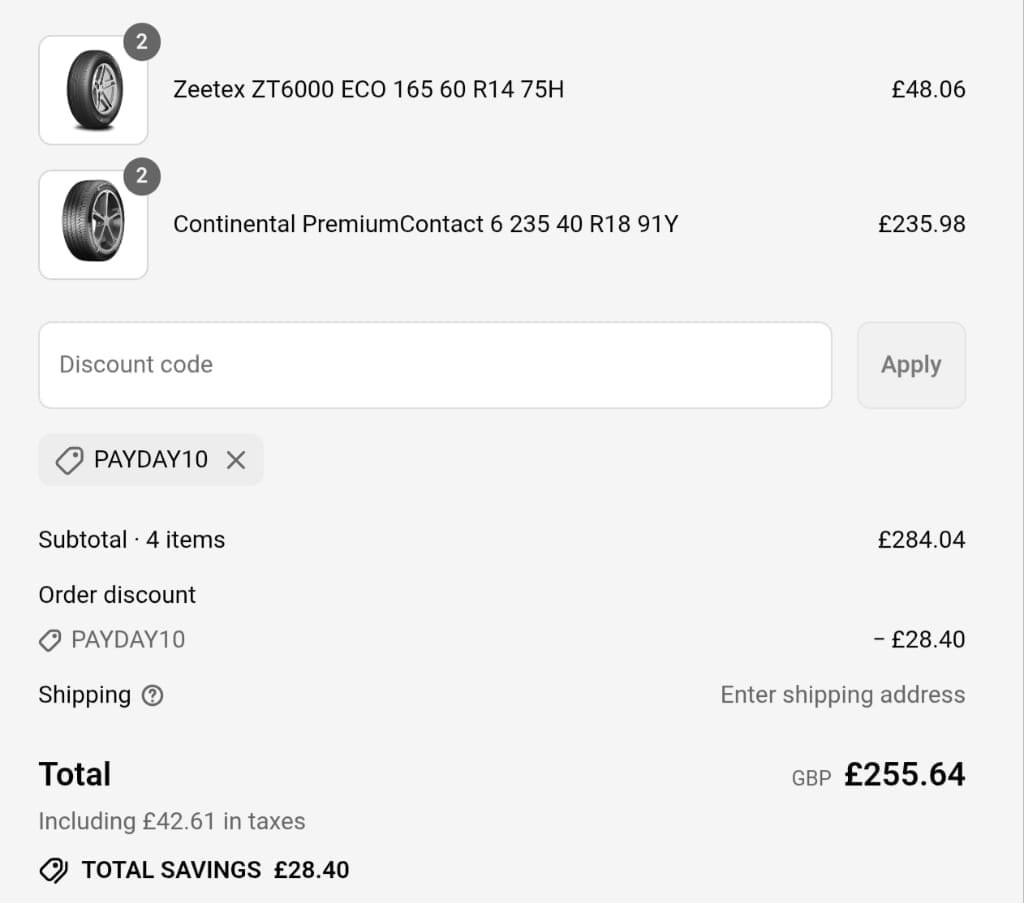 Screenshot of the Tire Streets discount code working