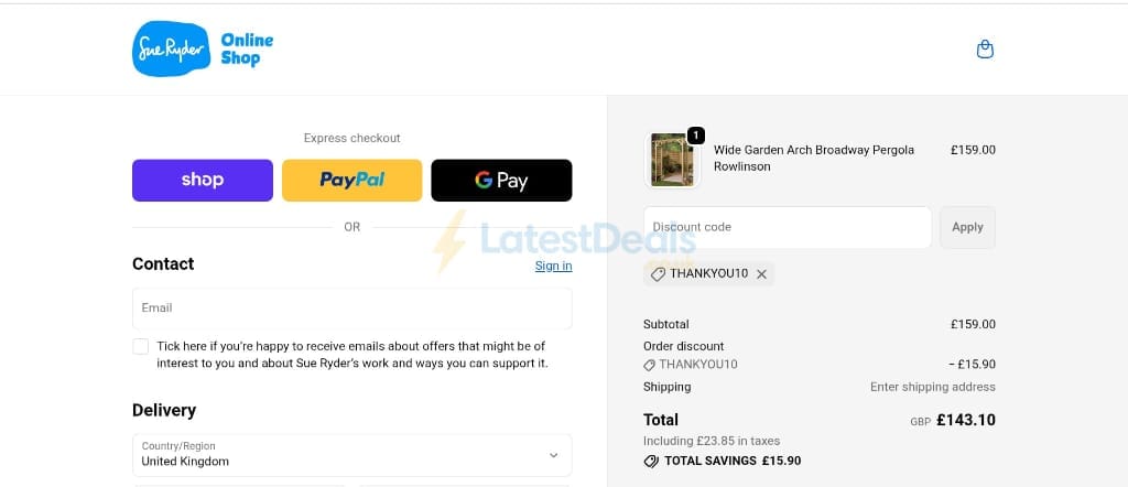 Screenshot of the Sue Ryder discount code working