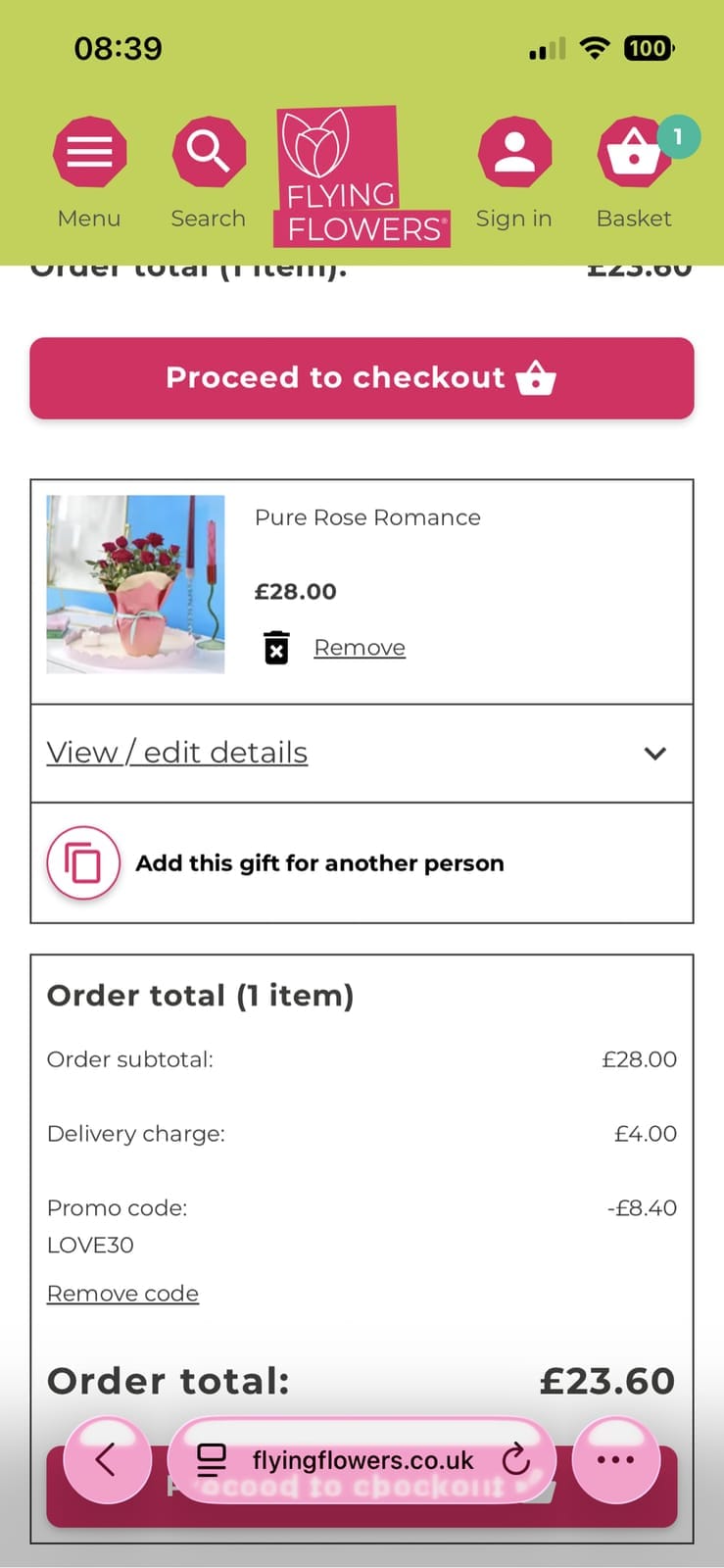 Screenshot of the Flying Flowers discount code working