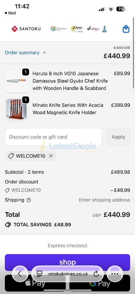 Screenshot of the Santoku Knives discount code working