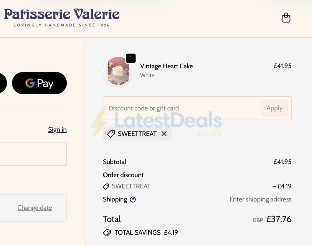 Screenshot of the Patisserie Valerie discount code working