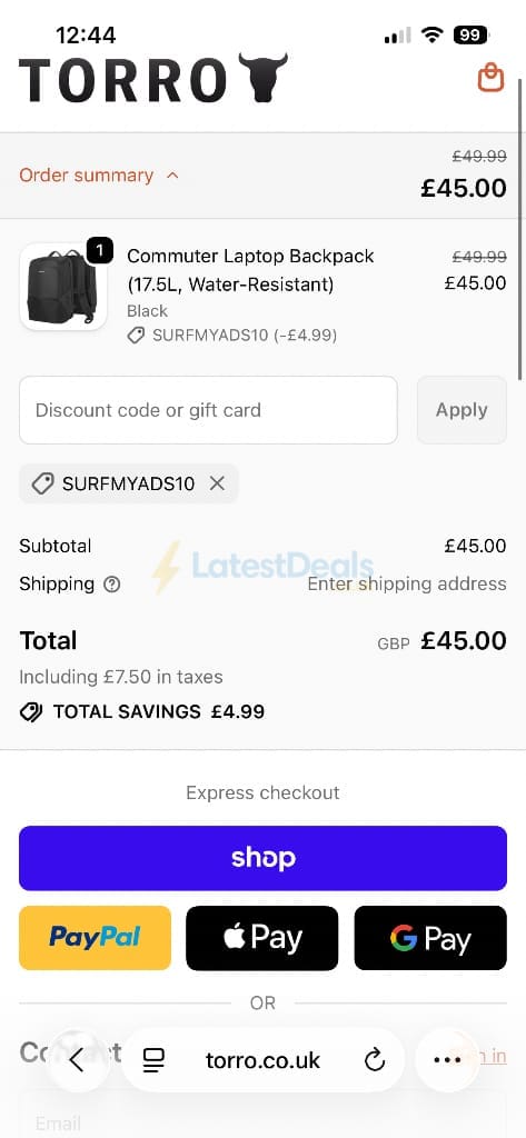 Screenshot of the Torro discount code working