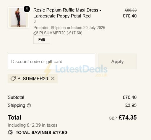Screenshot of the Pretty Lavish discount code working