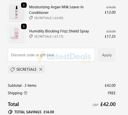 Screenshot of the KITSCH discount code working