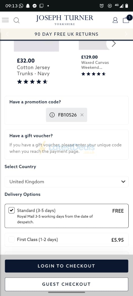 Screenshot of the Joseph Turner discount code working