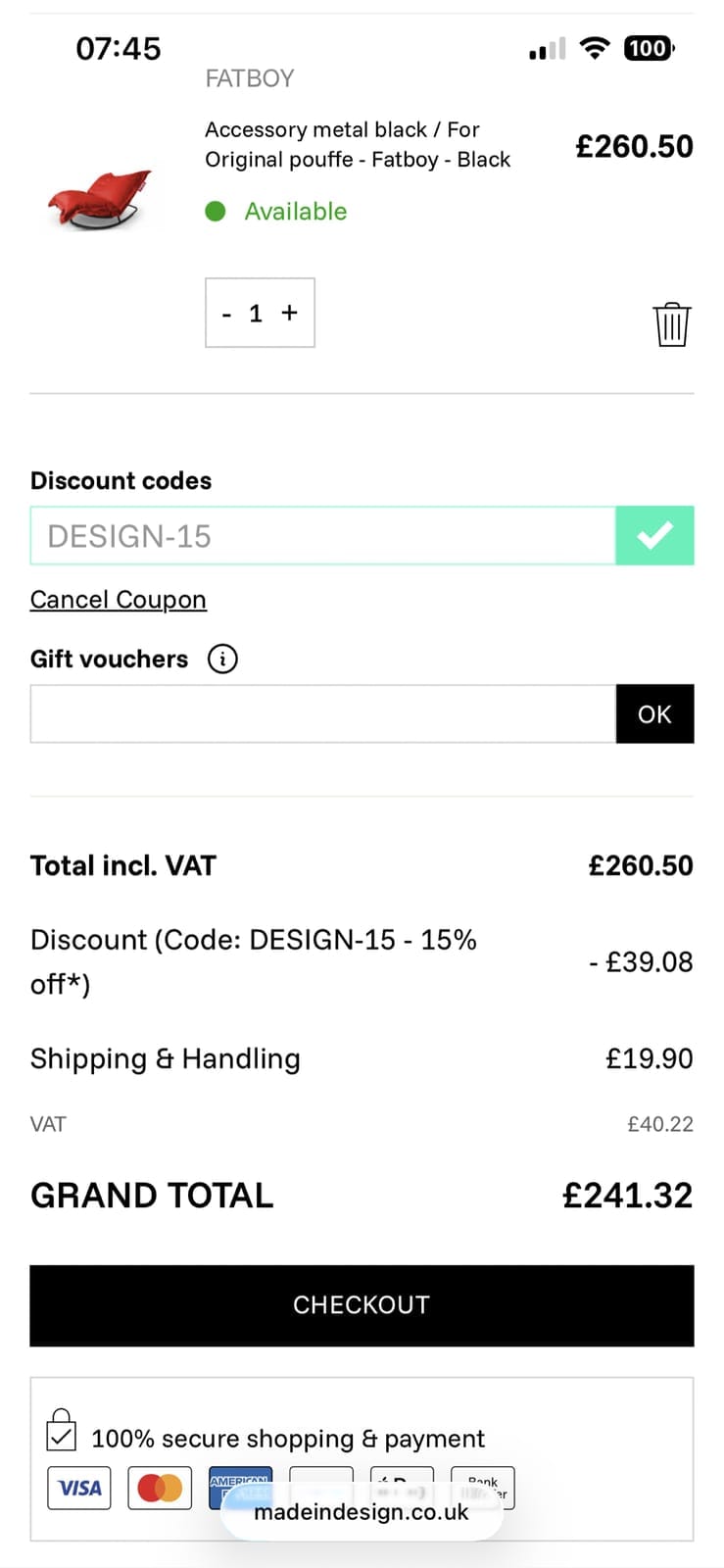 Screenshot of the Made in Design discount code working