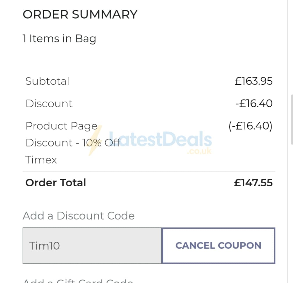 Screenshot of the House Of Watches discount code working