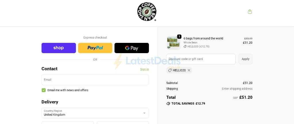 Screenshot of the Coffee Bean Shop discount code working