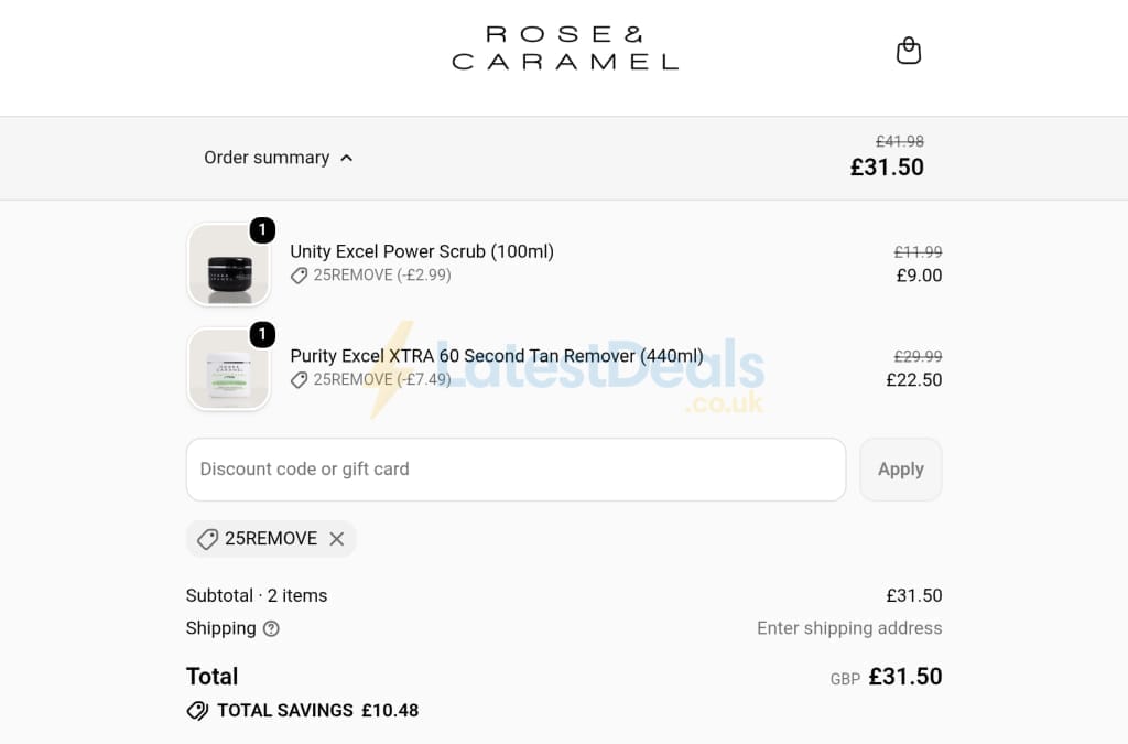 Screenshot of the Rose and Caramel discount code working