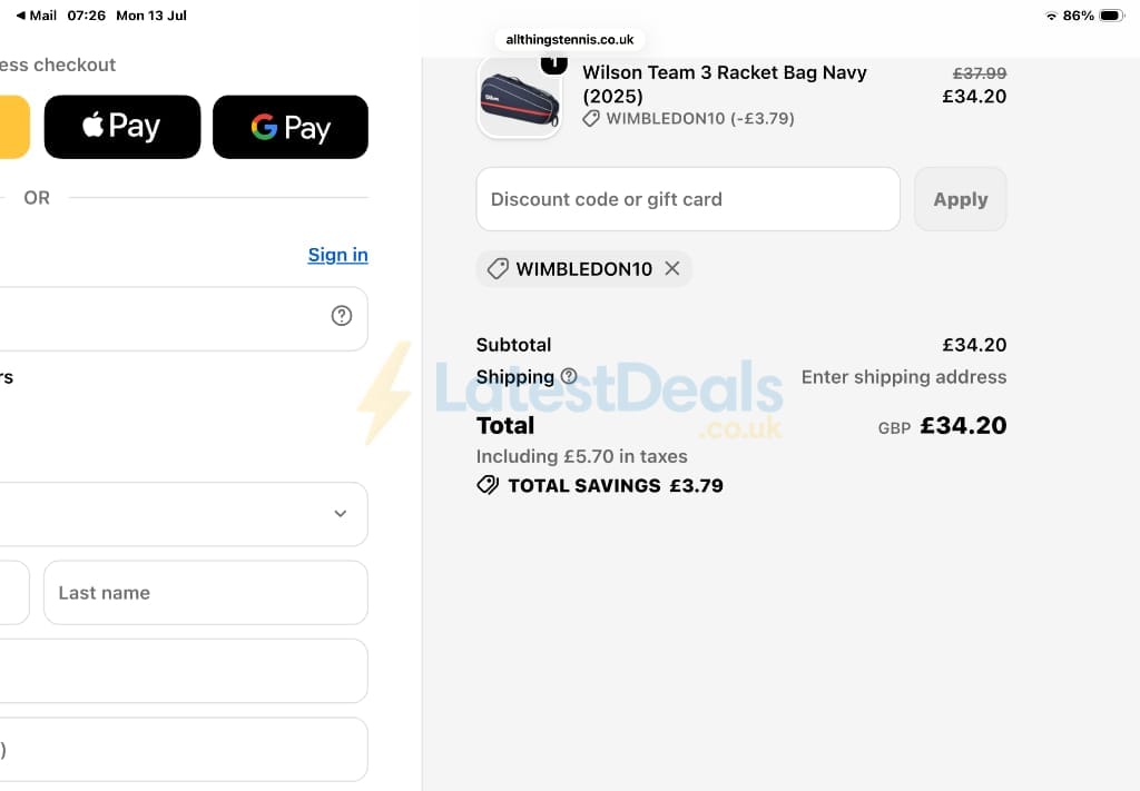 Screenshot of the All Things Tennis discount code working