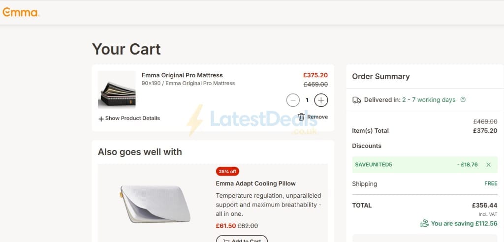 Screenshot of the Emma discount code working
