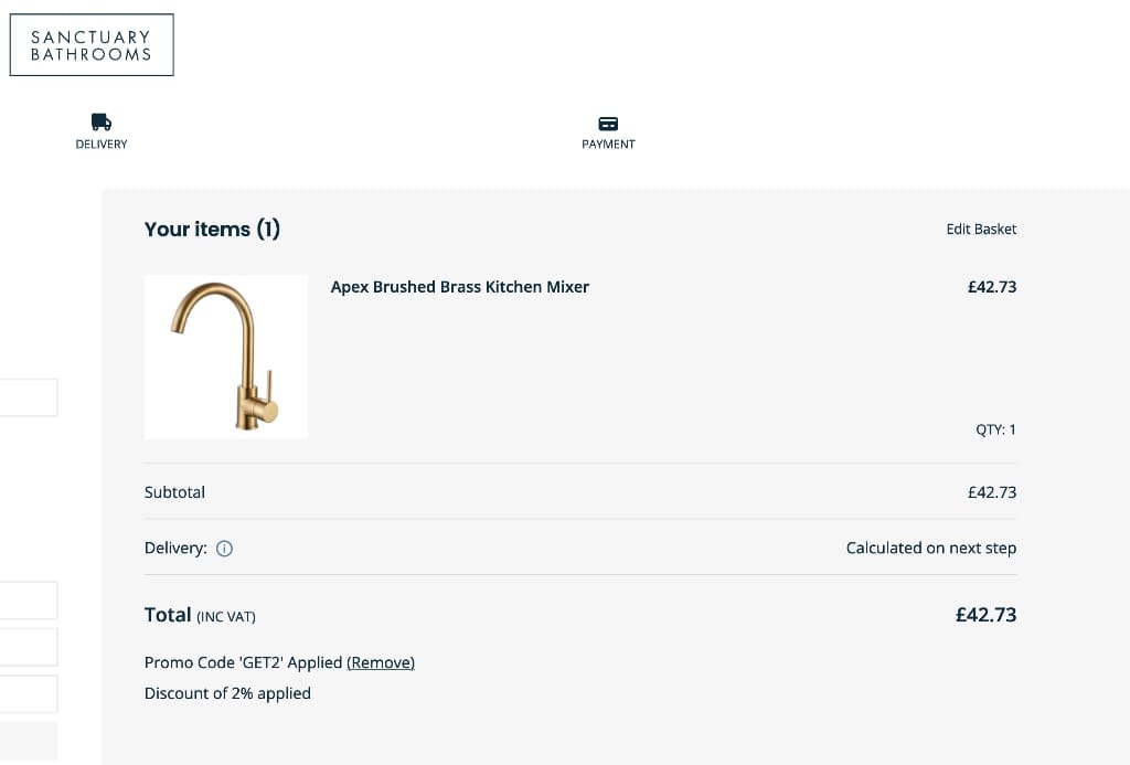 Screenshot of the Sanctuary Bathrooms discount code working