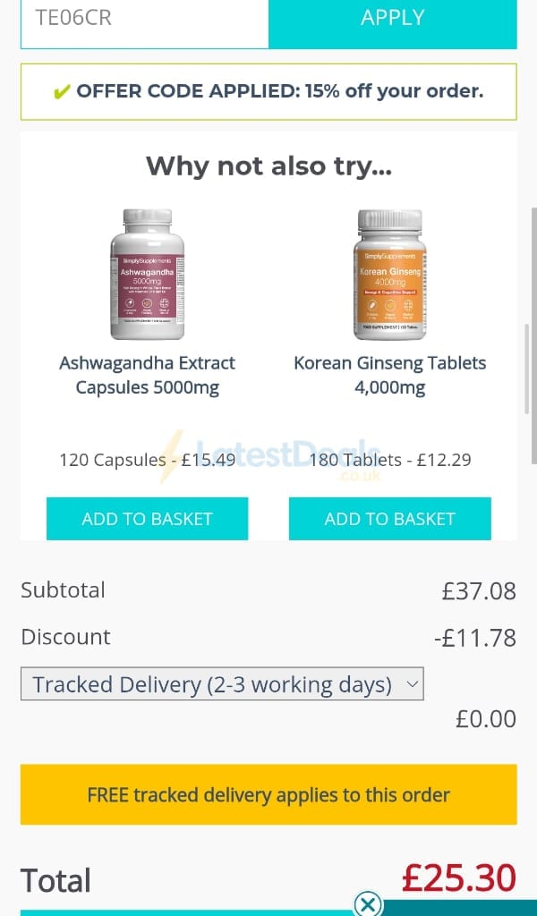 Screenshot of the SimplySupplements discount code working