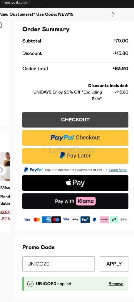 Screenshot of the Nasty Gal discount code working
