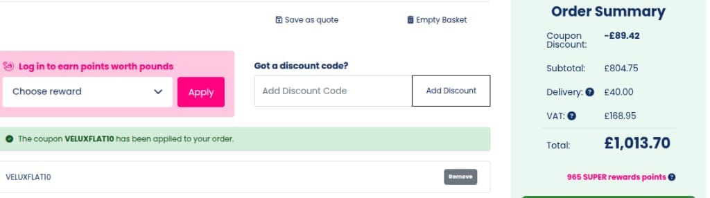 Screenshot of the Roofing Superstore discount code working