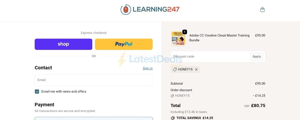 Screenshot of the Learning247 discount code working