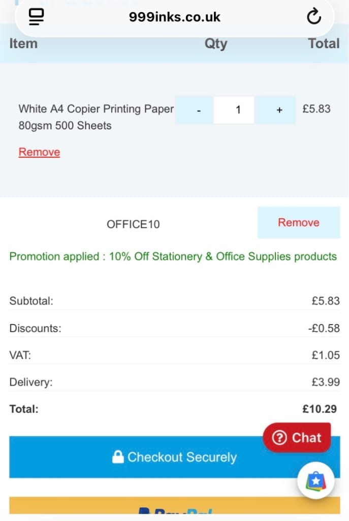 Screenshot of the 999Inks discount code working