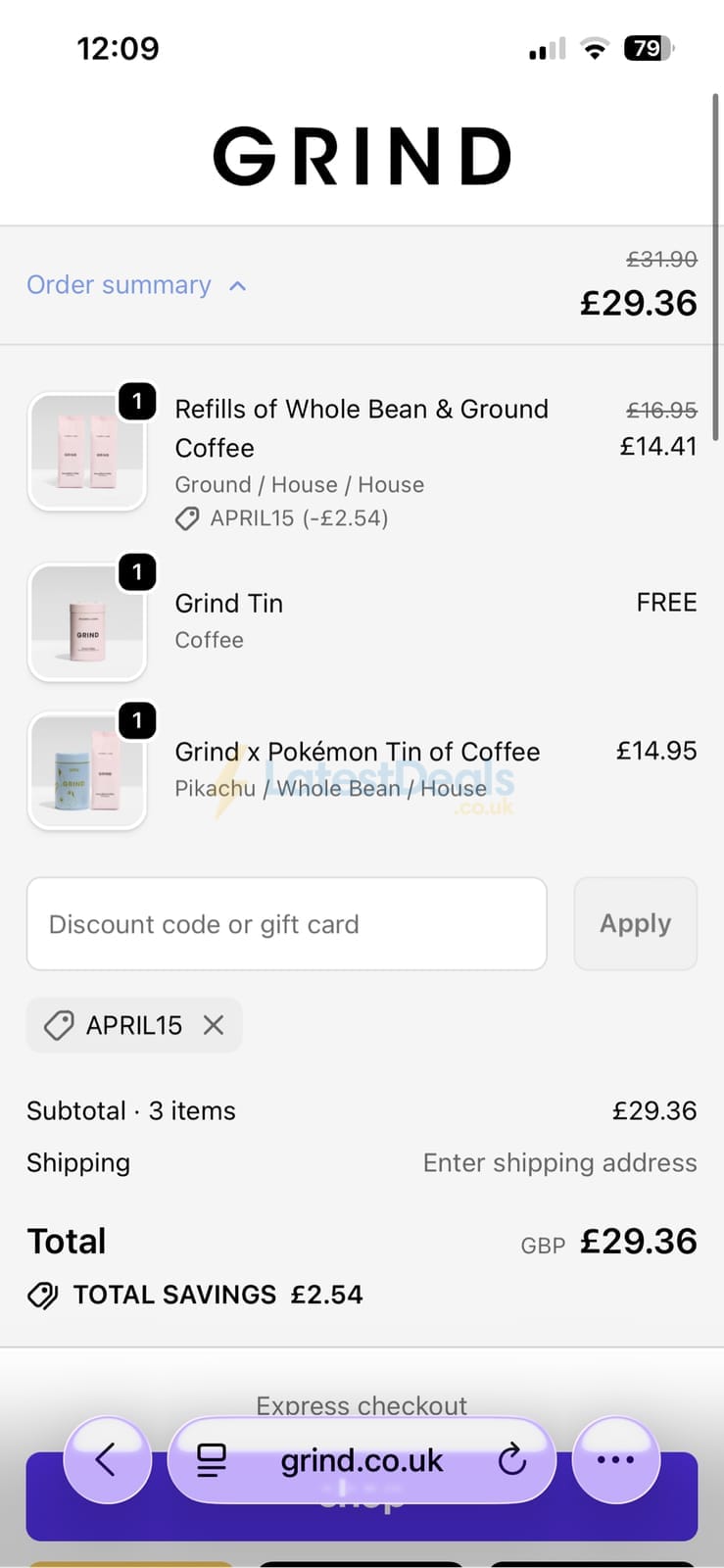 Screenshot of the Grind discount code working