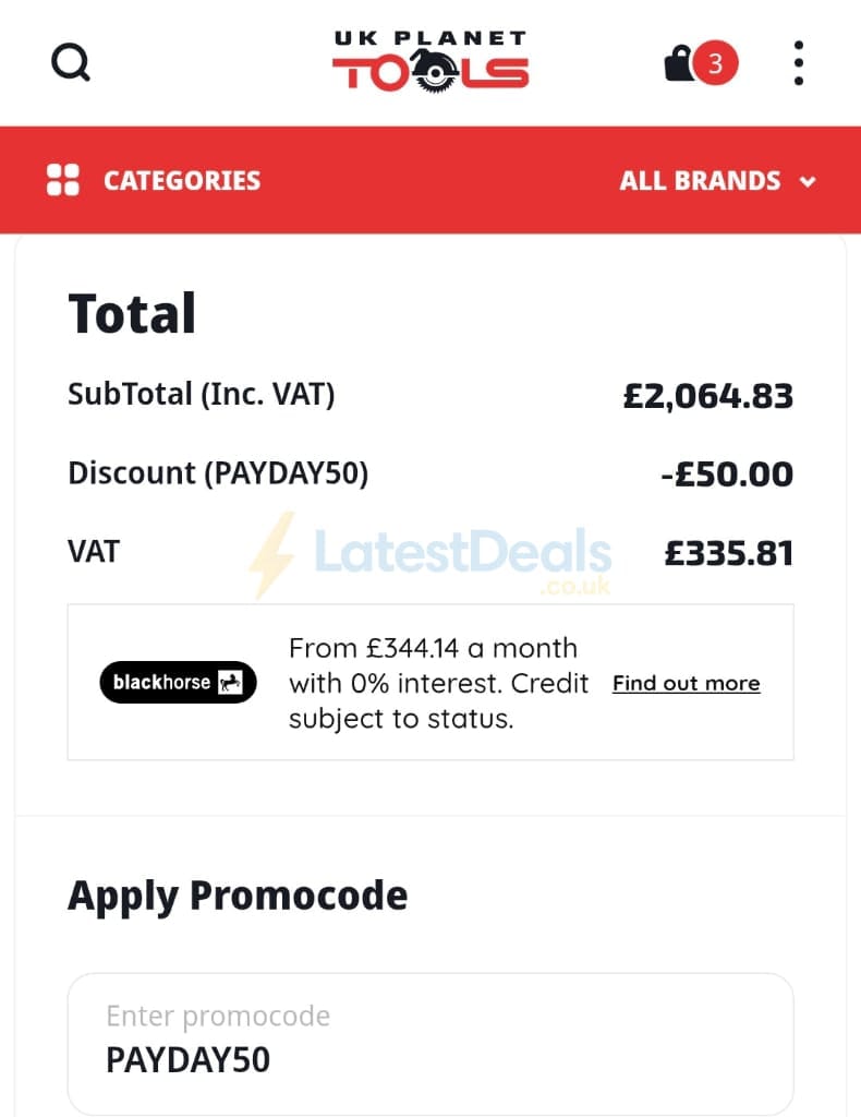 Screenshot of the UK Planet Tools discount code working