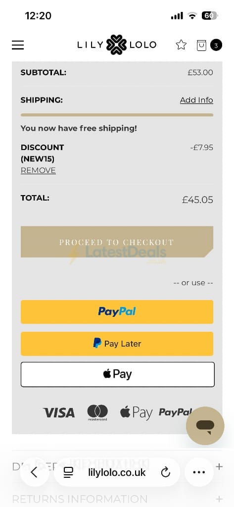 Screenshot of the Lily Lolo discount code working