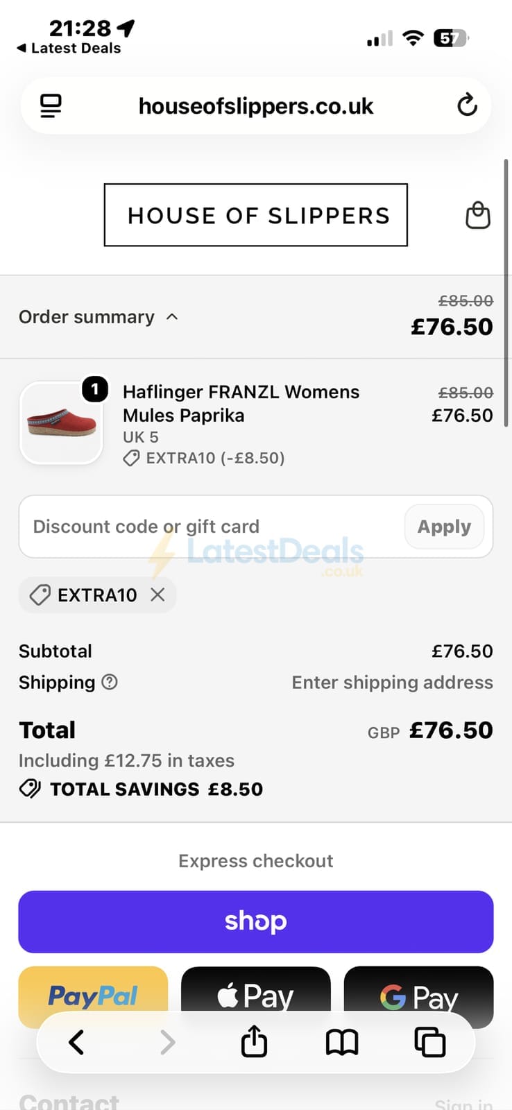 Screenshot of the House of Slippers discount code working