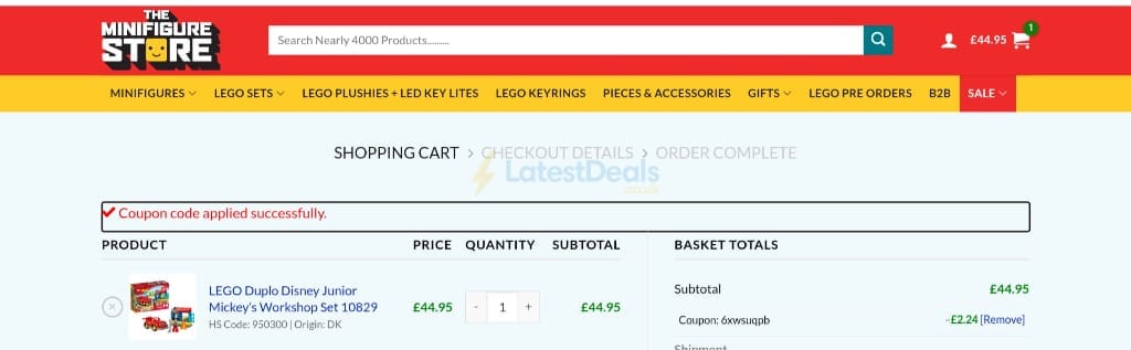 Screenshot of the The Minifigure Store discount code working