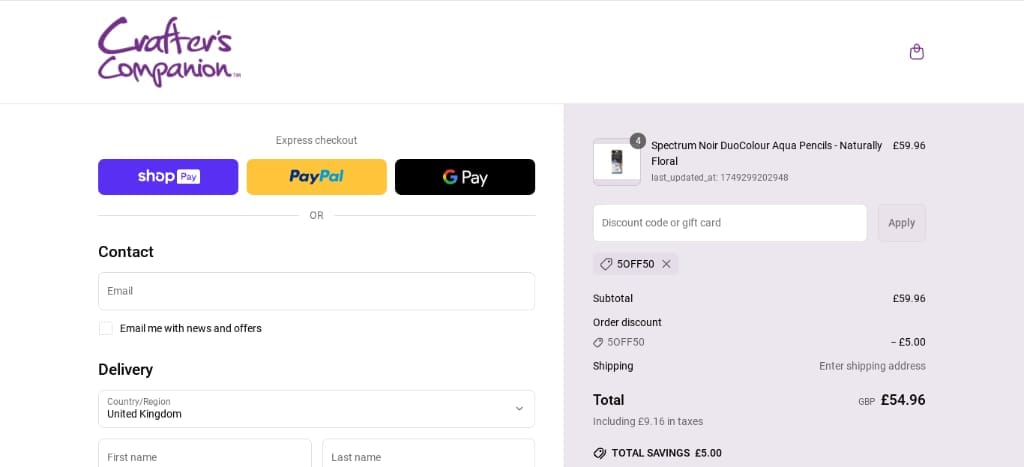 Screenshot of the Crafters Companion discount code working