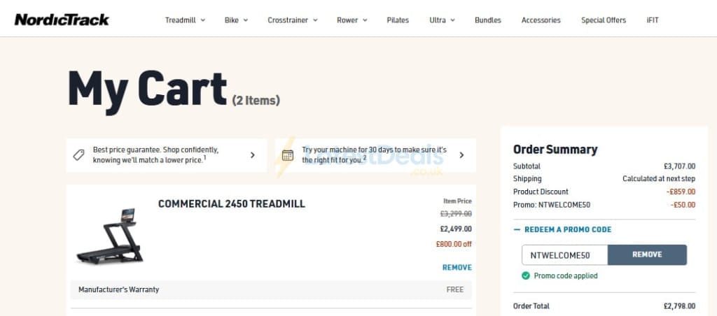 Screenshot of the NordicTrack discount code working