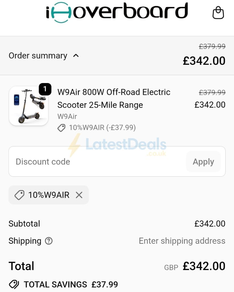 Screenshot of the IHoverBoard discount code working