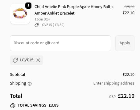 Screenshot of the Love Amber X discount code working