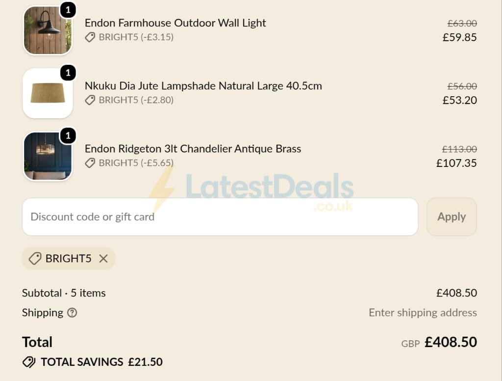 Screenshot of the AMOS Lighting discount code working