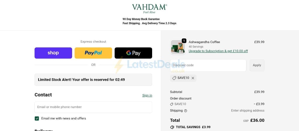 Screenshot of the Vahdam Teas discount code working