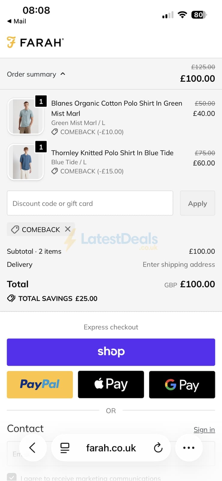 Screenshot of the Farah discount code working