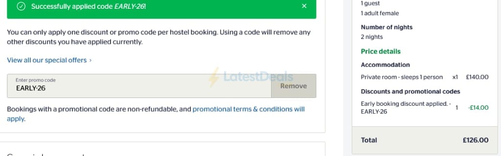 Screenshot of the YHA England and Wales discount code working