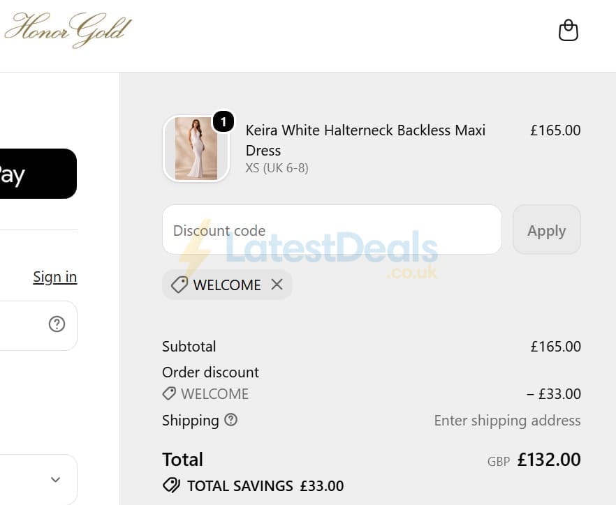 Screenshot of the Honor Gold discount code working