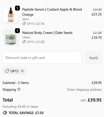Screenshot of the MYPURE discount code working