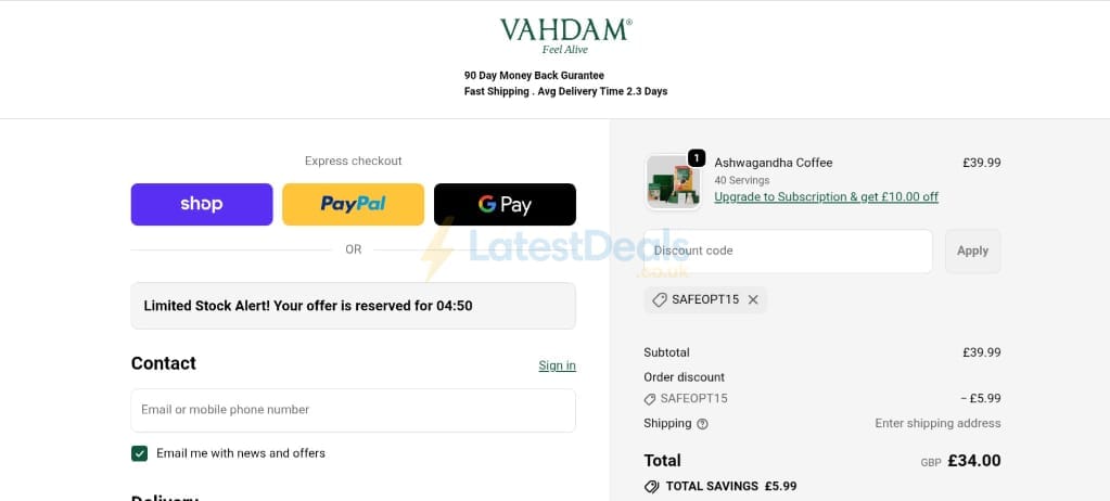 Screenshot of the Vahdam Teas discount code working