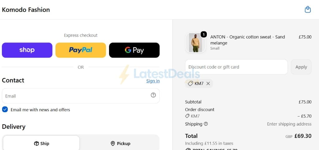 Screenshot of the Komodo discount code working