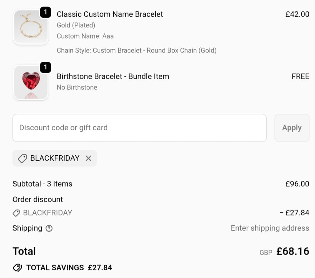 Screenshot of the Prya discount code working