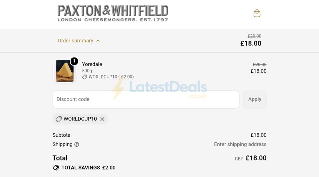 Screenshot of the Paxton & Whitfield discount code working