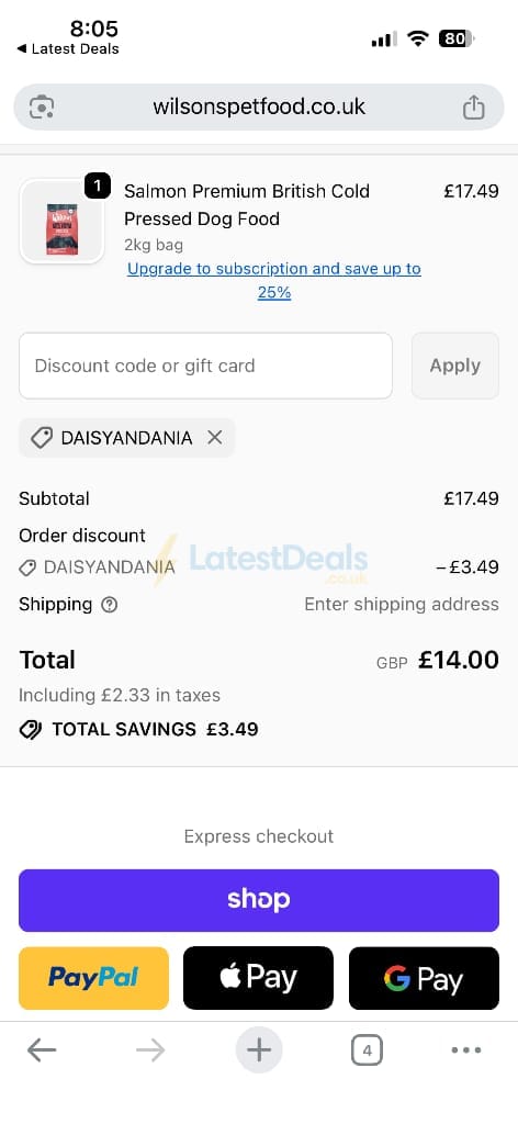 Screenshot of the Wilsons Pet Food discount code working