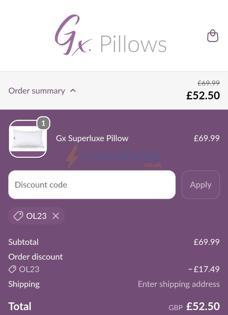 Screenshot of the Gx Pillows discount code working