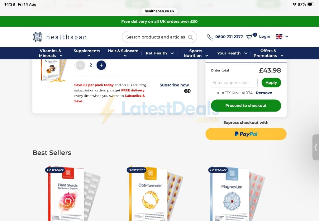Screenshot of the Healthspan discount code working