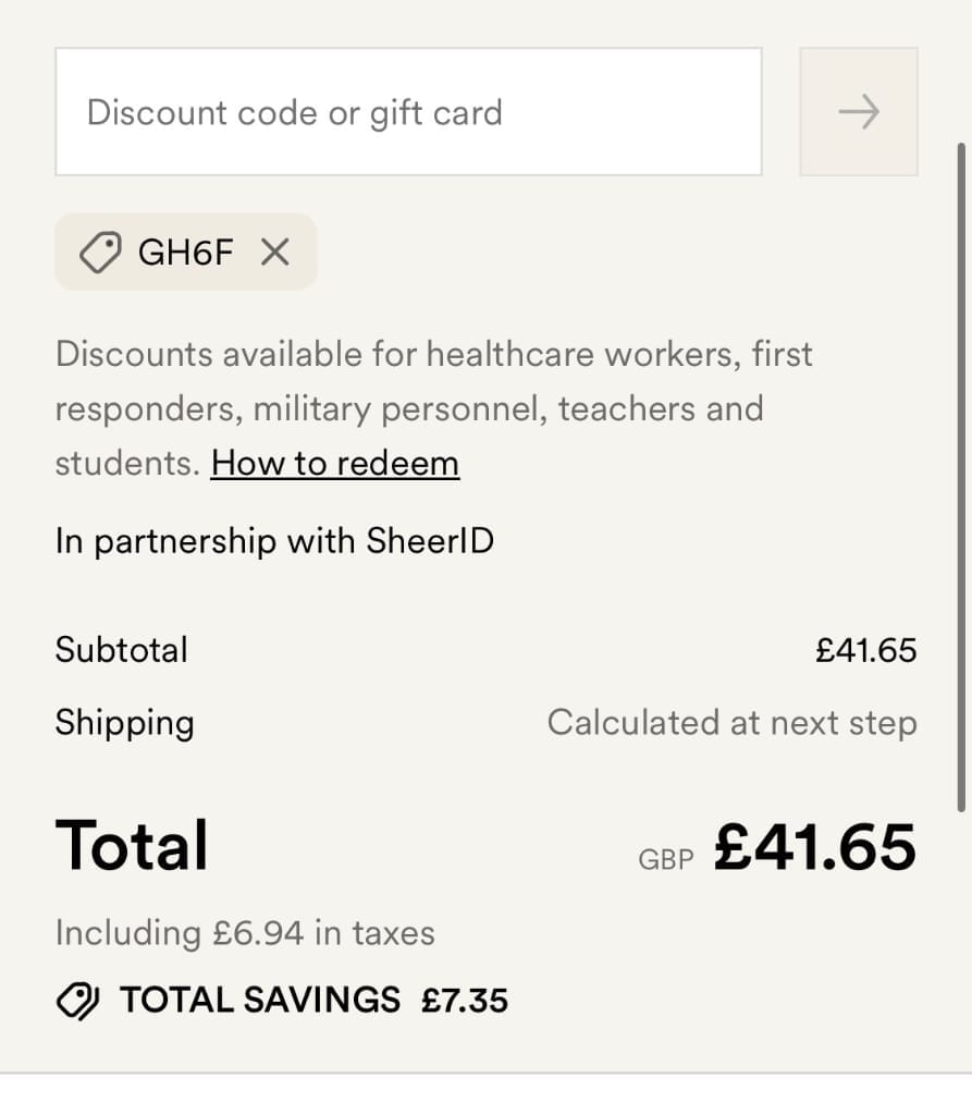 Screenshot of the BODEN discount code working