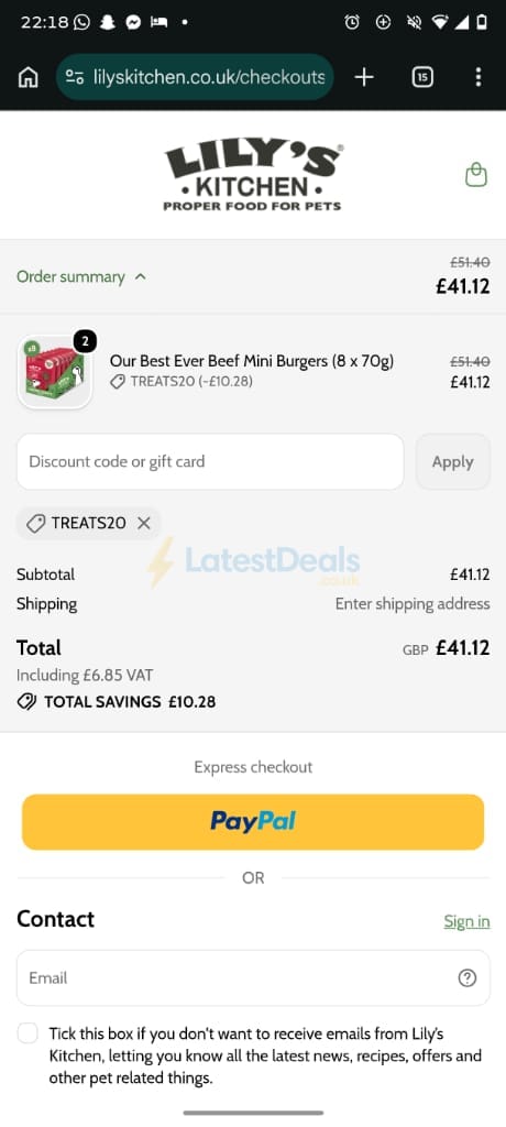 Screenshot of the Lily's Kitchen discount code working