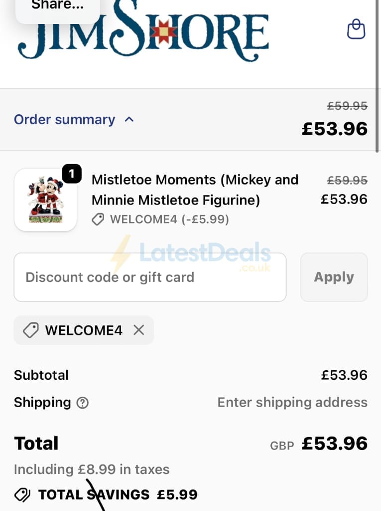 Screenshot of the Jim Shore discount code working